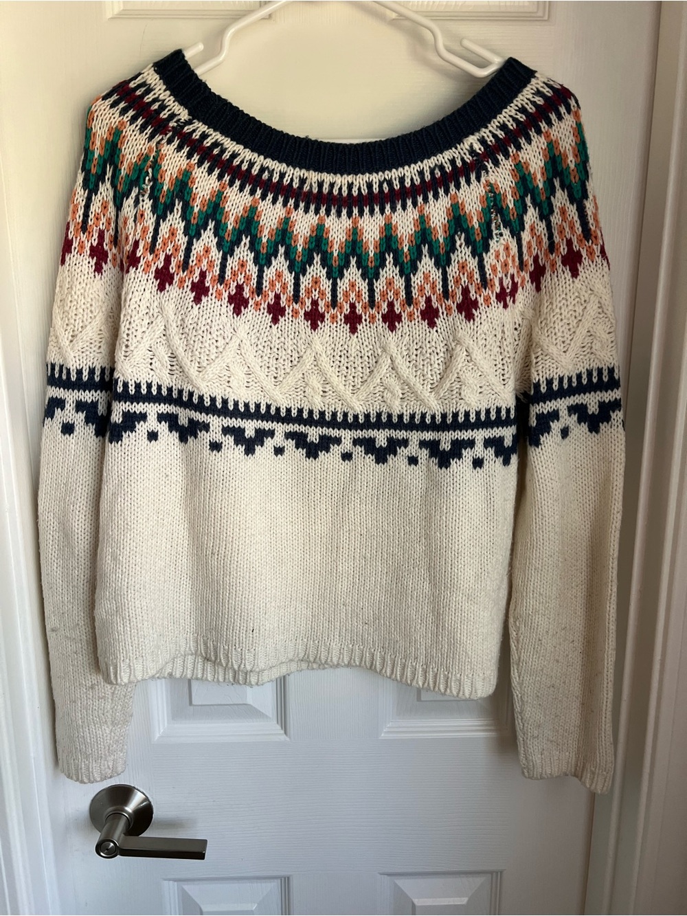 bp Cream Fair Isle Crewneck Sweater with Navy Trim and Multicolor Yoke - Picture 2 of 6